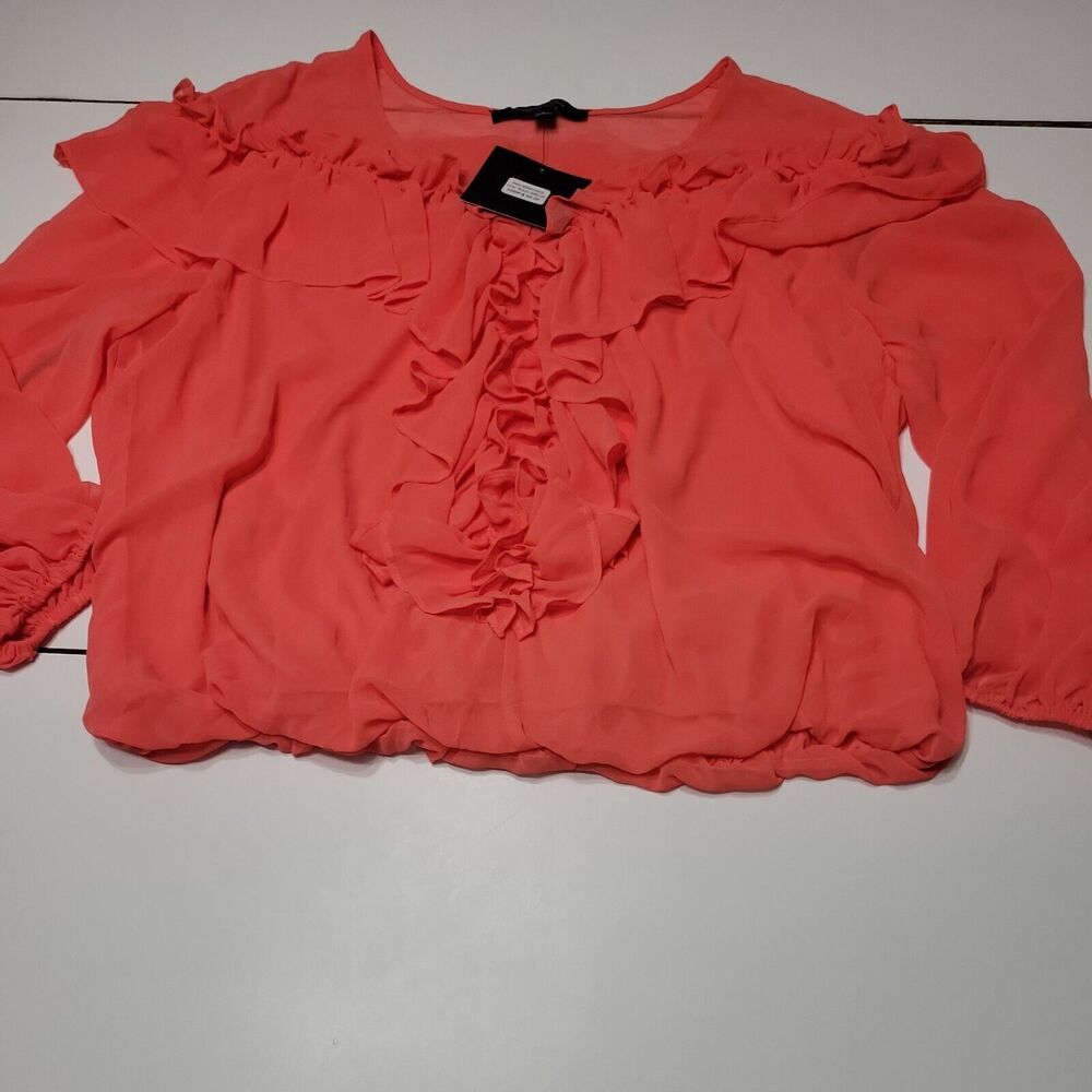 Andrew Marc NY Blouse Women L Shirt Peach Apricot Puffy Sheer Sleeves Ruffle Top